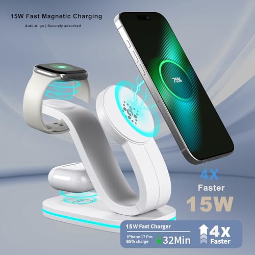 2026 New Fast 15W 3 in 1 Charging Station for iPhone Compatible Magnetic | Wireless Charger Station for iPhone 17 16 15 14 13 12, AirPods and iWatch Series, 35W Charger Included - color: White 3 in 1