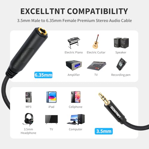 1/4" to 3.5mm Stereo Audio Adapter, 6.35mm Female to 3.5mm Male Stereo Audio Adapter Cable, Nylon Braided 1ft/30cm Cable for Headphones, Guitar, Amplifier, Amp & Audio Equipment 2-Pack - color: 3.5 male to 6.35 female