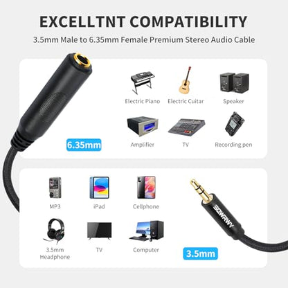 1/4" to 3.5mm Stereo Audio Adapter, 6.35mm Female to 3.5mm Male Stereo Audio Adapter Cable, Nylon Braided 1ft/30cm Cable for Headphones, Guitar, Amplifier, Amp & Audio Equipment 2-Pack - color: 3.5 male to 6.35 female