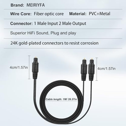 MEIRIYFA Digital Optical Splitter Adapter Cable 1 in 2 Out | Toslink Digital Fiber Optic Audio Splitter 1 Male Input 2 Male Output Cable for Home Theater,TV,Receiver,Sound Bar - 1M - style: 1 Male to 2 Male