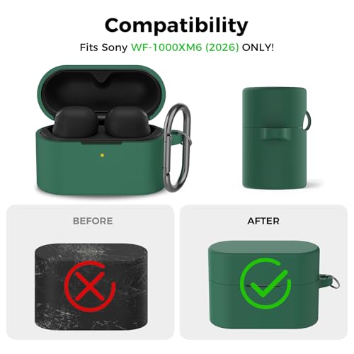 AhaStyle Silicone Case for Sony WF-1000XM6 (2026) Accessories, Green | with Carabiner, LED Visible, Skin-Friendly Soft Touch, Full Protection, Shockproof, Wireless Charging, for Men Women - color: Dark Green