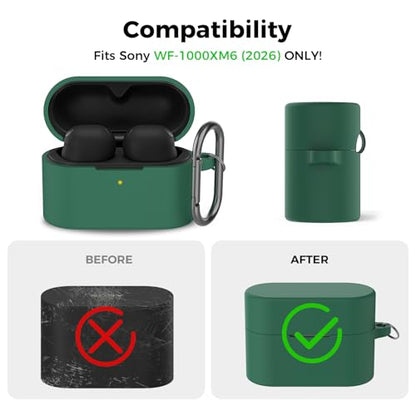 AhaStyle Silicone Case for Sony WF-1000XM6 (2026) Accessories, Green | with Carabiner, LED Visible, Skin-Friendly Soft Touch, Full Protection, Shockproof, Wireless Charging, for Men Women - color: Dark Green