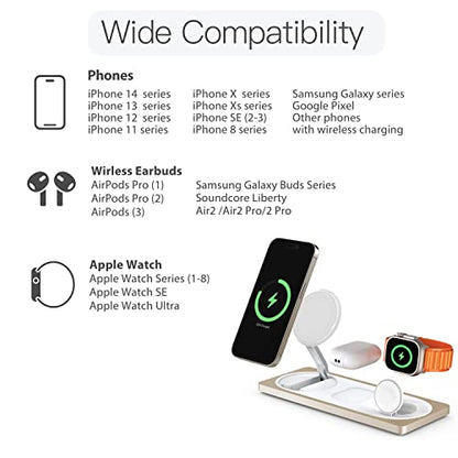 3 in 1 Wireless Charging Station for Apple Devices with MagSafe | For iPhone 17/Air/16/15/14/13/12, AirPods & Apple Watch, Foldable Portable Aluminum Charging Stand, Adapter Included - color: Golden