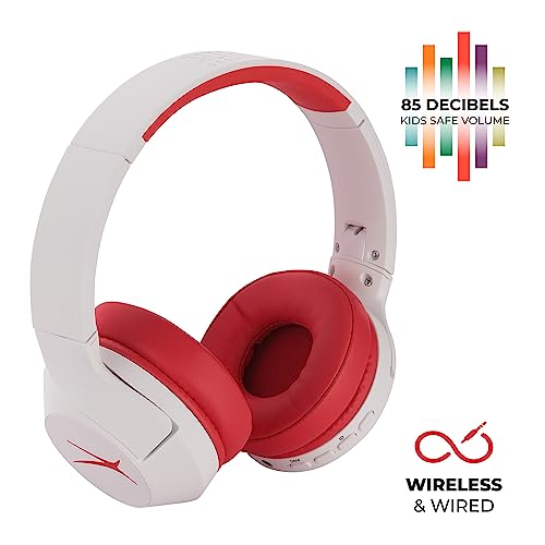 Altec Lansing Kid Safe Noise Cancelling Wireless Headphones 15H Battery, 85dB Volume Limit, Foldable Design Powerful Sound, Active Noise Cancellation Perfect for Kids Ages 7+ - color: Whiteout Classic Red