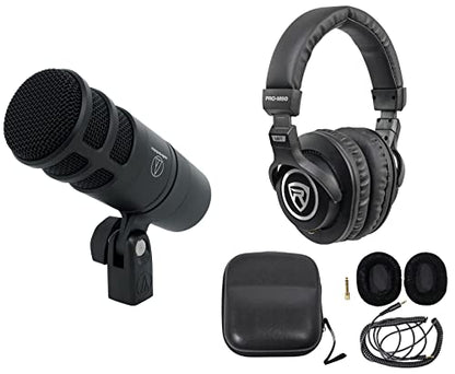 Audiosavings Bundle: Audio Technica AT2040 Hypercardioid Dynamic Broadcast/Podcast Microphone Mic Bundle with Rockville PRO-M50 Studio Headphones w/Detachable Coil Cable, Case+Extra Ear Pad (2 Items)