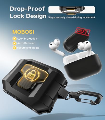 MOBOSI for AirPods Pro 3 Case 2025 with Drop-Proof Lock, Black | Cleaning Kit & Keychain, Compatible with MagSafe, Military-Grade Protection Hard Cover for iPods Pro 3rd Generation - color: Black