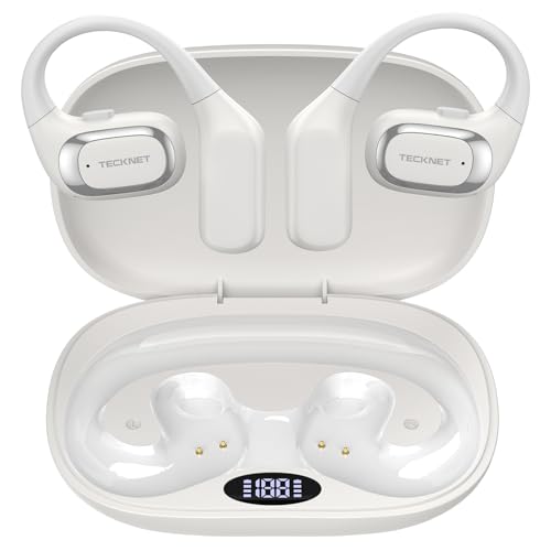 TECKNET Open Ear Headphones, Bluetooth Headphones 6.0 Sports with Smart Digital Display, 40H Playtime, IPX5 Waterproof, Wireless Earbuds Lightweight Design for Travel/Cycling/Running (White) - color: White