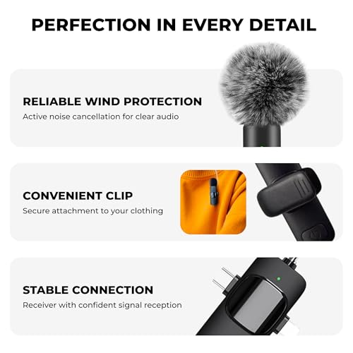 Wireless Lavalier Microphone 2.4G Dual Lapel Mic for iPhone Android Camera – Noise Cancelling Clip On Microphone for YouTube, TikTok, Vlogging, Video Recording