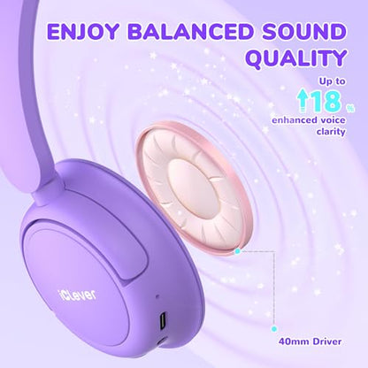iClever BTH22 Kids Bluetooth Headphones for Toddler Travel, 60H Play Time | SafeSound Tech3.0, Stereo Sound, USB C Fast Charging, AUX Cable, Kids Wireless Headphones for Girls/Boys/Tablet/PC/School - color: A-Purple