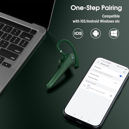 Bluetooth Headset, Wireless Bluetooth Earpiece with ENC Noise Canceling Mic, 120Hrs Talk Single-Ear Headphones, LED Display, IPX7, V5.4 Hand-Free Earphone for Business/Trucker/Driver (Dark Green)