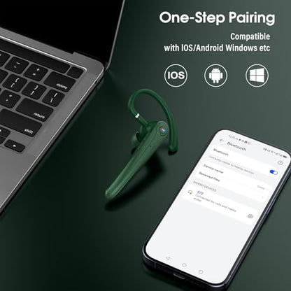 Bluetooth Headset, Wireless Bluetooth Earpiece with ENC Noise Canceling Mic, 120Hrs Talk Single-Ear Headphones, LED Display, IPX7, V5.4 Hand-Free Earphone for Business/Trucker/Driver (Dark Green)
