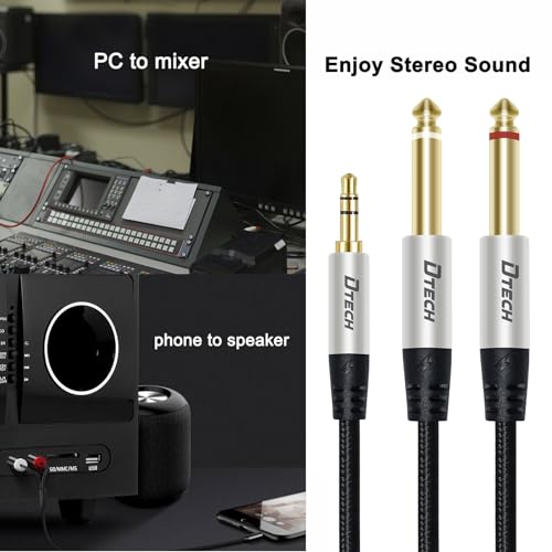DTECH 3ft 3.5mm to 1/4 Adapter Audio Stereo Cable TRS 1/8 to Dual Quarter Inch TS 6.35mm Y Splitter Guitar AMP Aux Cord for Headphones Jack Laptop Speaker Phone Mixer - size: 3ft