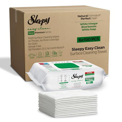 Sleepy Easy Clean XL Multi Surface Cleaning Wipes (600 Count) – Natural Vinegar & Baking Soda Formula – Jumbo 8"x8" All Purpose Wet Wipes for Kitchen, Bathroom, Glass & Electronics – No Streak - size: 6 Pack (600 Count)