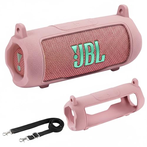Silicone Cover Compatible with JBL Flip 7 Waterproof Portable Speaker with Shoulder Strap (Pink) - color: Pink