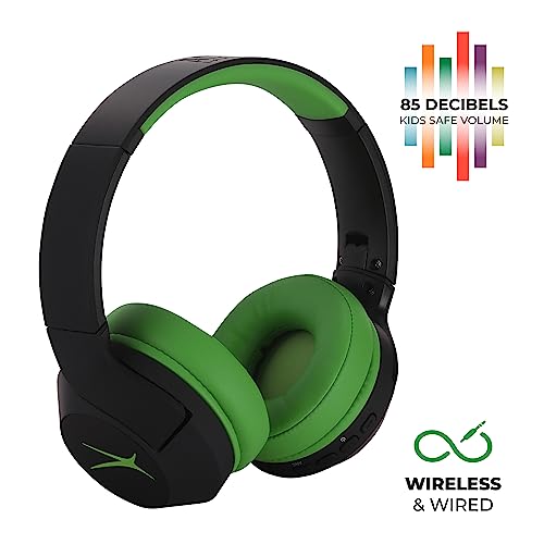 Altec Lansing Kid Safe Noise Cancelling Wireless Headphones 15H Battery, 85dB Volume Limit, Foldable Design Powerful Sound, Active Noise Cancellation Perfect for Kids Ages 7+ (Blackout Green) - color: Blackout Funky Green