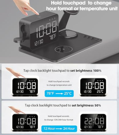 7-in-1 Magnetic Wireless Charging Station with Digital Clock & LED Lamp | 65W Power Adapter, 25W Fast Charging, 6-Device Charging Hub, Rotatable Stand, Bluetooth TimeSync, Qi Magsafe Compatible