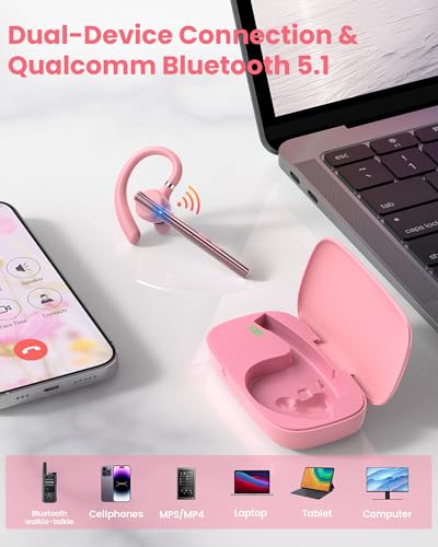 New Bee Bluetooth Headset V5.1 72H Talk Time Dual Mic with Mute Button for Business, Wireless Hand-Free Bluetooth Earpiece with 500mAh Charging Case for Cell Phone Calls Trucker Driver Laptop - color: Pink, style: M54