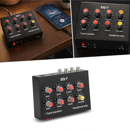 EQ-7 Mini 7 Band Equalizer and Headphone Amp, RCA 3.5mm Input | TL074 and NE5532 chips, level knobs, 16 to 600 ohm drive, for home audio, speaker, and gaming setups.
