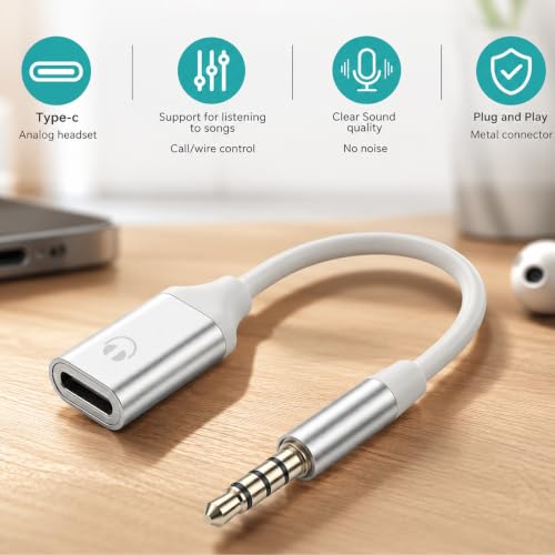 3.5mm Male to USB C Female Audio Adapter, Only Analog Audio Aux Jack Cables | USB C to Aux Audios Dongle Headphone Jack Adapters for Smartphones Laptops Tablets MP3, Silver