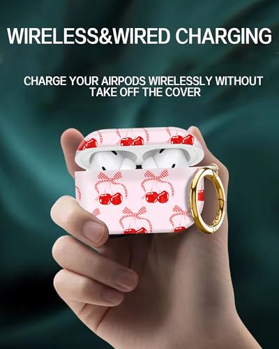 Cute Hard Case Compatible with AirPods Pro 2nd/1st Generation, Protective Cover with Golden Keychain, Fits 2023/2022/2019 Models, for Women, Girls, and Men(Cute Cherry Bow Tie Ribbon - color: Cute Cherry Bow Tie Ribbon