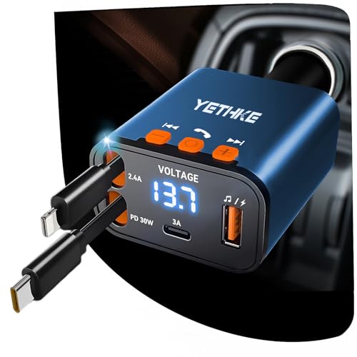 Bluetooth Car Adapter with Retractable Charger,[Upgrade] Bluetooth 5.4 FM Transmitter for Cars, 4 in 1 Fast Car Charger 69W, Handsfree Call, 2*Retractable Cable for iPhone 17/16/15/14, Galaxy-Blue - color: Blue