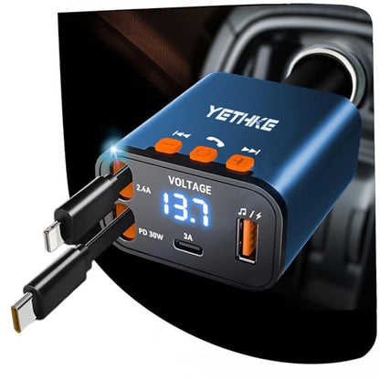 Bluetooth Car Adapter with Retractable Charger,[Upgrade] Bluetooth 5.4 FM Transmitter for Cars, 4 in 1 Fast Car Charger 69W, Handsfree Call, 2*Retractable Cable for iPhone 17/16/15/14, Galaxy-Blue - color: Blue