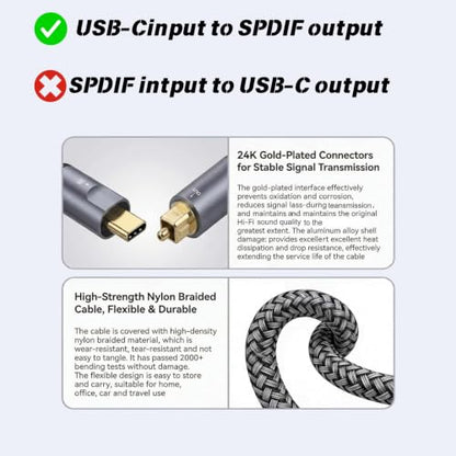 USB-C to Toslink Optical Audio Cable, Unidirectional Type-C to SPDIF | gold-plated connectors and nylon braided construction,suitable for computer/laptop/mobile phone/sound card/speaker(6.6 ft)