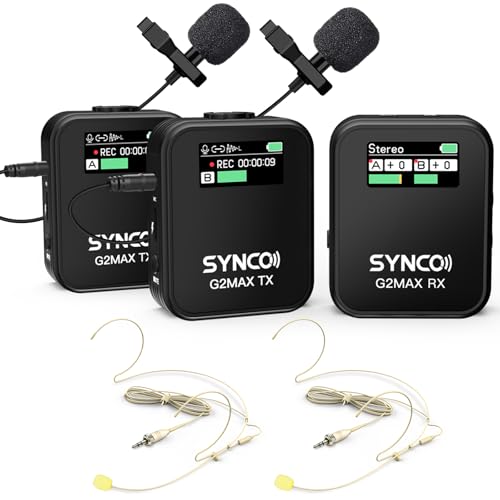 SYNCO G2(A2) MAX Wireless lavalier Microphone with a 3.5mm Headset Microphone(2PCS) is Ideal for Teachers, Speakers, Coaches, and Others, 24 Hours Recording 656FT 8H for Camera Camcorder Laptop