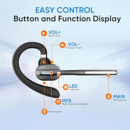 Bluetooth Headset V5.3, Wireless Earpiece with Mic for Work | 500mAh Charging Case, Noise Canceling Mic, for Trucker, Office, Business, Compatible with Cell Phone and PC