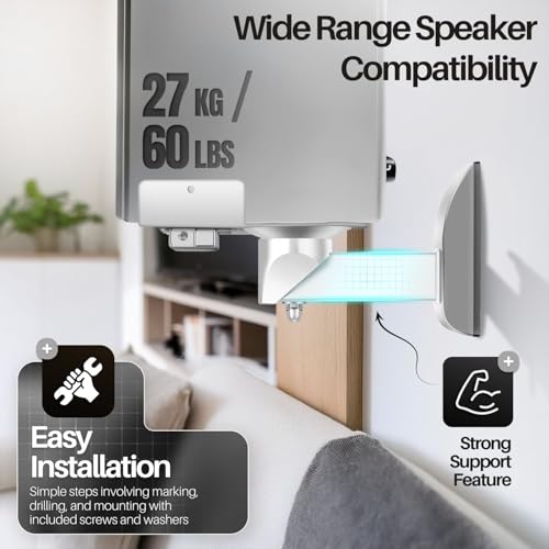 TNP Bookshelf Speaker Wall Mounts, Dual Side Clamps, 55 lb, 2 Pack, White | Rear Surround Sound Speaker Mounts Fit 5.5-11 In Wide Speakers, with 45° Swivel and 7.5° Tilt for Home Theater or Studio - color: White