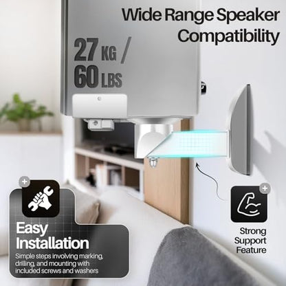 TNP Bookshelf Speaker Wall Mounts, Dual Side Clamps, 55 lb, 2 Pack, White | Rear Surround Sound Speaker Mounts Fit 5.5-11 In Wide Speakers, with 45° Swivel and 7.5° Tilt for Home Theater or Studio - color: White