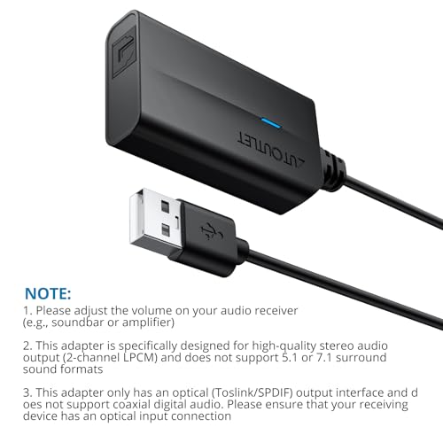 AUTOUTLET USB to Optical Audio Adapter, 96kHz USB A to SPDIF Optical Audio Adapter, Plug and Play, 2M Cable for PC, Laptop, Mac to Soundbar, DAC, Home Theater