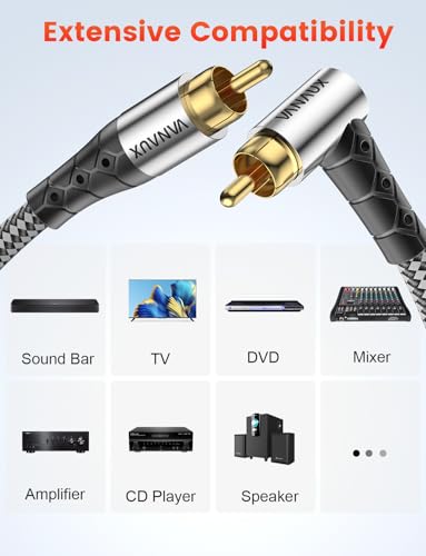 VANAUX Subwoofer Cable 90 Degree RCA to RCA Audio Stereo Cable Male to Male 24K Gold Plated Connector Nylon Braided Double Shielded Clean Sounding Signal Silver/3ft/1m - color: 90°Design RCA, size: Silver-3FT/1M