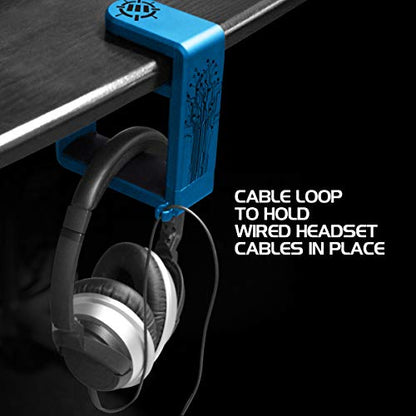 ENHANCE PC Gaming Headphone Holder - Desk Headphone Hanger Esports Headset Holder with Adjustable 360 Rotation, Under Desk Headphone Hook Clamp, Universal Fit, & Built in Cable Clip Organizer - Blue - color: blue