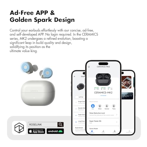 ROSESELSA Ceramics MK2 True Wireless Earbuds, Up to 40dB Noise Cancellation | Bluetooth 6.0, Hi-Res LDAC, IPX4 Sweat Resistant, 45H Playtime, HD Mics, Game Mode, Multipoint Connection, Night