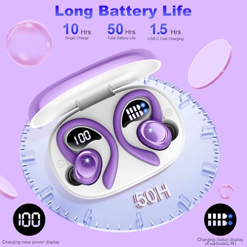 Hupoaf Wireless Earbuds Sport, 2025 Bluetooth 5.4 Headphones with Earhooks, 50H Stereo Deep Bass Over Ear Buds with 4 ENC Noise Canceling Mics, IP7 Waterproof Earphones for Running Workout Gym -Purple - color: D-Purple