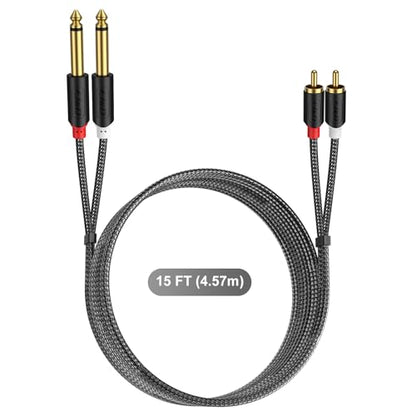 J&D RCA to 1/4" Stereo Audio Interconnect Cable, 15 Feet | Dual 1/4 inch TS to 2RCA Cable with Nylon Braided Jacket, Gold-Plated Plugs and Dual Shielding for Mixers, Amps and Hi-Fi - size: 15 Feet