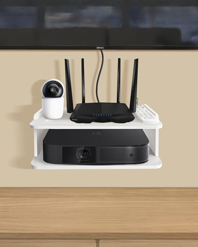 Projector Shelf for Wall Mount, Floating Projector Stand, Wall Mount Router Projecor Shelf for Xbox Series S/X, PS5, PS4, White Projector Holder, Floating Shelves Under TV Game