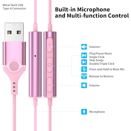 USB Headphones with Mic for Laptop PC, 7.5ft Magnetic Wired Earbuds Pink | Noise Isolation in-Ear Earphones with Mute Volume Control Stereo Bass for Dell/HP/Acer/Chromebook/Desktop/Zoom Meeting/School - color: Rose-Pink
