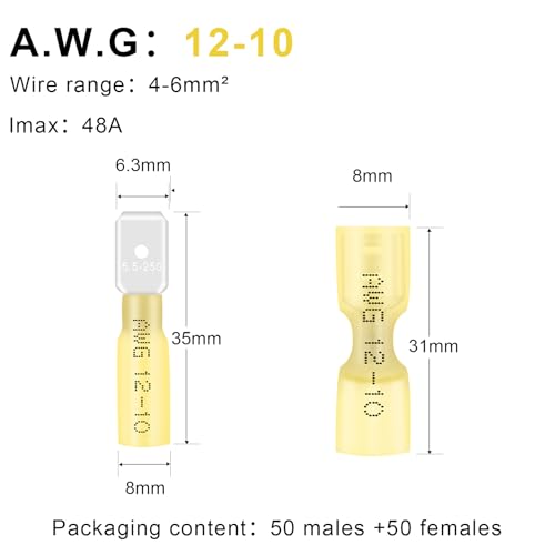 100PCS Heat Shrink Spade Connectors,12-10AWG Female Male Fully Insulated Terminals,Electrical Wire Crimp Connectors Kit - size: AWG12-10（50Pcs Female+50Pcs Male）