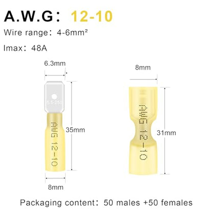 100PCS Heat Shrink Spade Connectors,12-10AWG Female Male Fully Insulated Terminals,Electrical Wire Crimp Connectors Kit - size: AWG12-10（50Pcs Female+50Pcs Male）