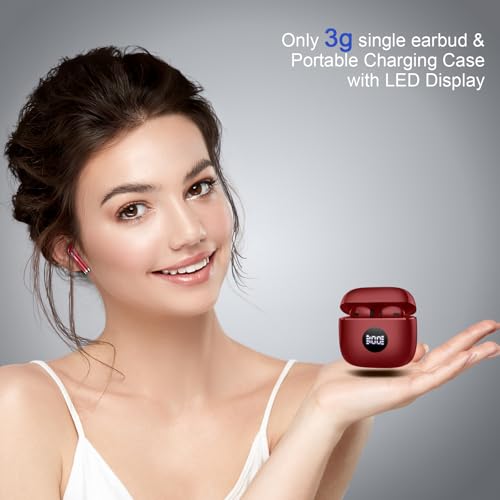 Jxrev Wireless Earbuds, Bluetooth Headphone 5.4, LED Power Display Ear Buds | Bass Stereo, Bluetooth Earbuds, in-Ear Noise Cancelling Mic, Playback Mini Case, IP7 Waterproof Sport Earphones, Android iOS - color: peach Wine red