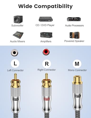 EMK Gold-Plated RCA Y-Splitter 2 Male to 1 Female Extension Cable RCA Splitter - Shielded Design for Subwoofers, TVs, & Home Theaters (1Ft/30CM) - color: 1 Female to 2 Male Silver, size: 1 Ft/0.3M, style: RCA to 2RCA