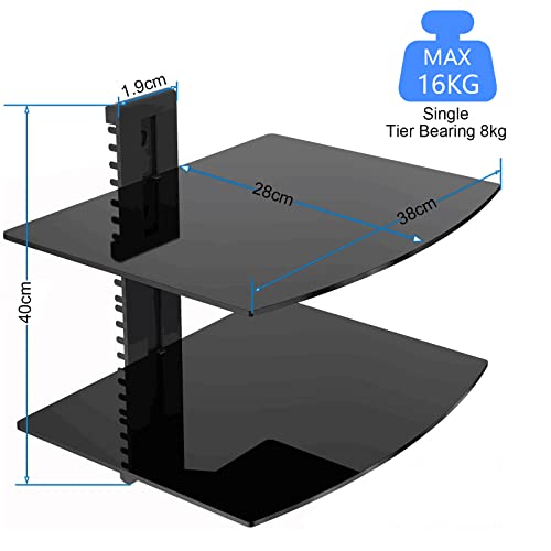 Suptek Glass Floating Shelves, TV Wall Mount with Shelf for DVD Player / PS4 / Cable Boxes/Game Consoles/Sky Box/TV Accessories, Flat Black 2-Tier Wall Mount Bracket - color: Black 2 Tier