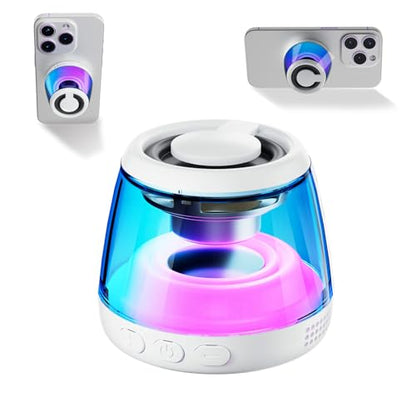 Magnetic Bluetooth Speaker,Induction Phone Stand,RGB Light White | 5W magnetic Bluetooth speaker with phone stand, RGB lights, IPX5 protection, TF card playback and a portable lanyard - color: White-1PCS