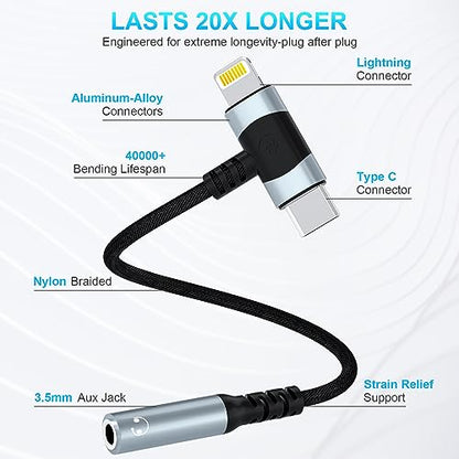 Lightning and USB C to 3.5mm Audio Adapter iphone 16 Headphone AdapterUSB-C iphone Aux adapter for Headphone Jack, Aux to USB C and Lightning Earbus Adapter for iPhone 16 15 14 13 ipad,Sanmsung, Pixel