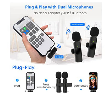 AngLink Wireless Lavalier Microphone for iPhone 7 8 X XR XS 11 12 13 14 Max Pro SE - 2.4GHz Plug&Play Lapel Mic with Clip for Video Recording YouTube Tiktok Facebook Live Stream Vlogging | Black