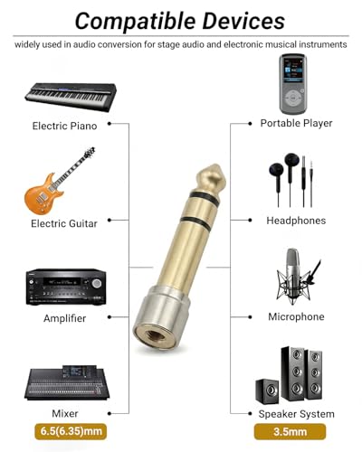 6.35mm(1/4 Inch) Male to 3.5mm(1/8 Inch) Female Headphone Adapter | 24K Gold-Plated Audio Jack Converter for Electric Piano and Drums, Amp, Guitar, Mixing Console, Aux Cable - 2 Pack - color: Short Shank
