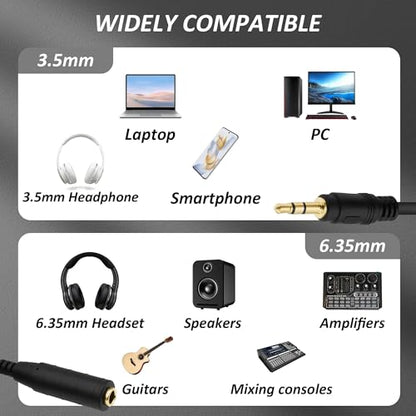 6.35mm 1/4 to 3.5mm TRS Headphone Extension Cable Audio Adapter 30cm | 1/4 Inch Female to 1/8 3.5mm Male,Stereo,for Headsets Amplifiers Guitar Speakers 2pcs