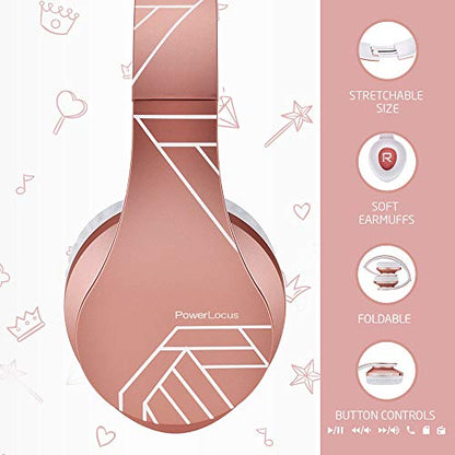 PowerLocus Kids Headphones Over-Ear, Bluetooth Wireless Headphones for Kids,with Microphone, Safe 85DB Volume Limited, Foldable with Carry Case, Audio Cable, Micro SD mode for Online Classes,PC,Phones - color: Upgrade Rose Gold